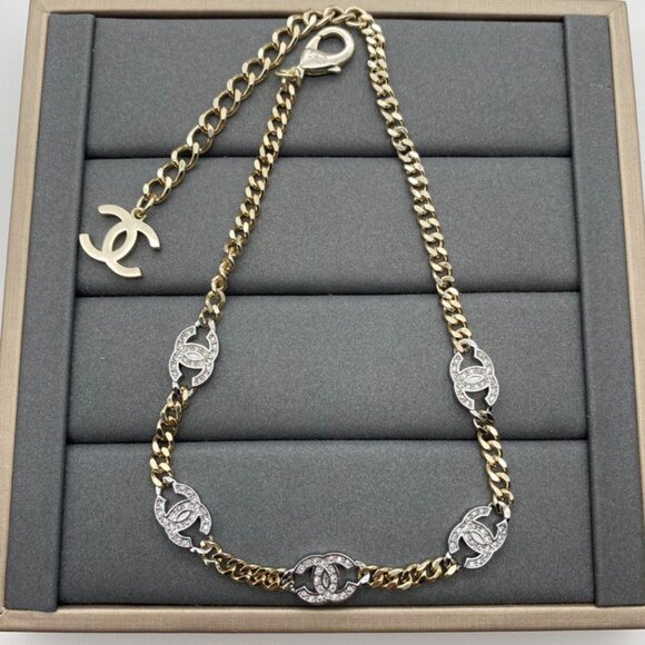 CHANEL classic double C Logo metal rhinestone choker necklace - Picture 1 of 4